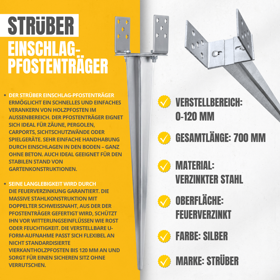 STRÜBER Pfostenträger Verstellbar 0–120 mm – Einschlaghülse 700 mm
