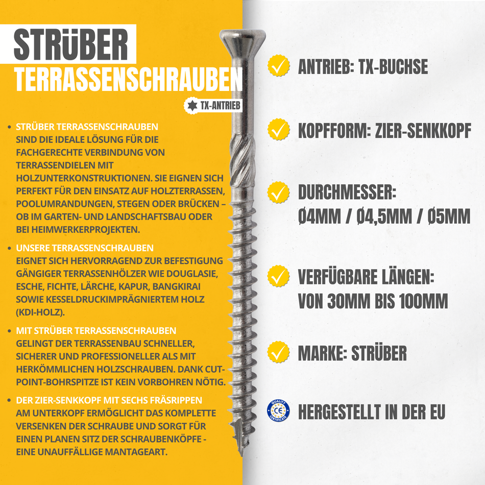 STRÜBER Terrassenschrauben 5 x 40 mm / 200 Stk. - Edelstahl gehärtet C2 - Zier-Senkkopf und Torx-Antrieb