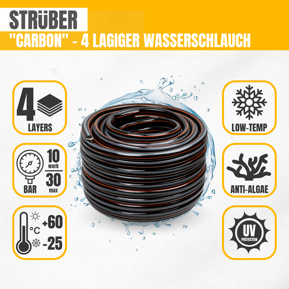 STRÜBER Gartenschlauch 3/4'', 20 m - 4 lagiger Wasserschlauch Carbon - flexibler Bewässerungsschlauch mit Kreuzgewebe
