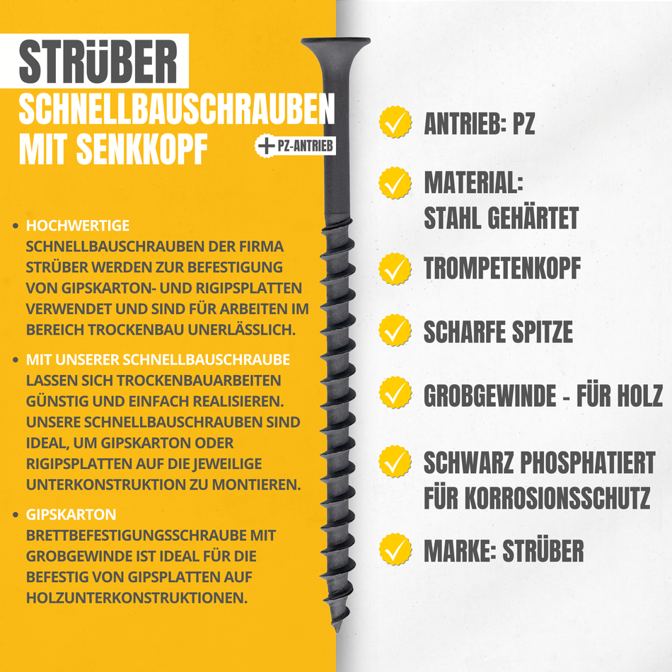 STRÜBER Schnellbauschrauben 4,2 x 90 mm / 200 Stk. Grobgewinde - mit Senkkopf und PH2-Antrieb - Trockenbauschrauben – Gipskartonschrauben