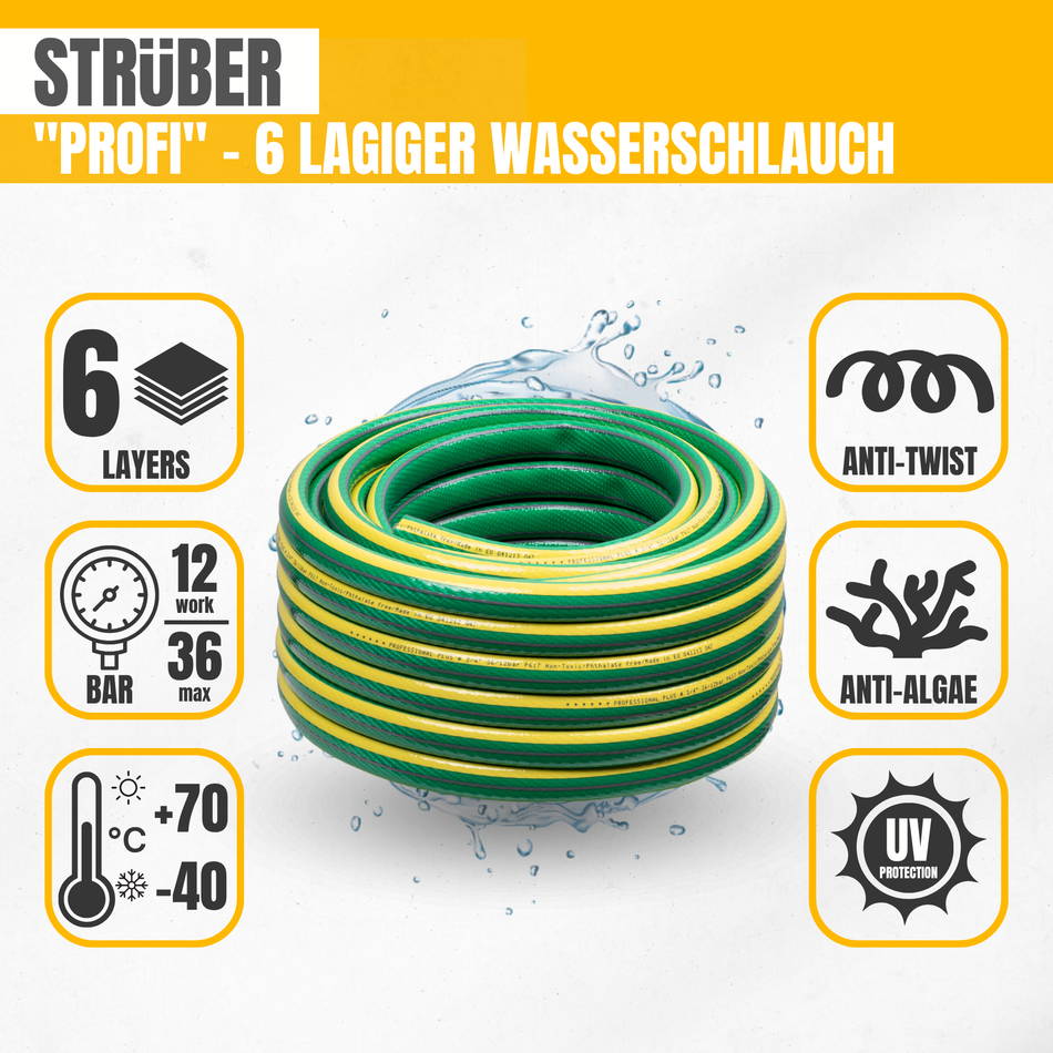 STRÜBER Gartenschlauch 3/4'', 20 m - 6 lagiger Wasserschlauch PROFI - Anti Twist Bewässerungsschlauch mit Kreuzgewebe
