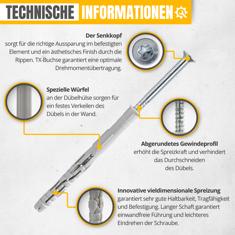 STRÜBER Rahmendübel 8x100 mm / 100 Stk. - Fensterrahmendübel mit Senkkopfschrauben Torx - Langschaftdübel
