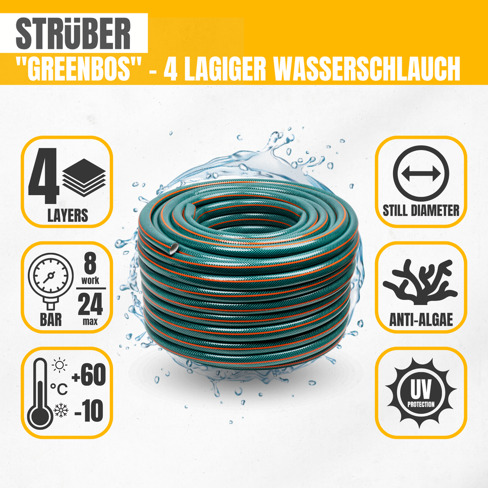 STRÜBER Gartenschlauch 1/2'', 25 m - 4 lagiger Wasserschlauch GreenBos - flexibler Bewässerungsschlauch mit Kreuzgewebe