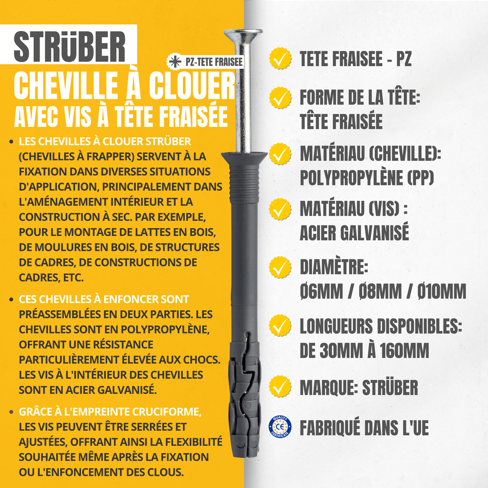 STRÜBER Nageldübel 8x45 mm / 100 Stück - Schnellmontage Schlagdübel mit Senkkopfschrauben