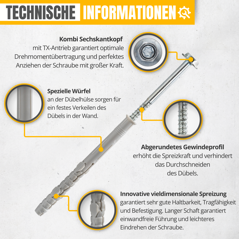 STRÜBER Rahmendübel 8x100 mm / 100 Stk. - Fensterrahmendübel mit Sechskantschraube & Scheibenkopf mit SW/TX-Buchse – Langschaftdübel