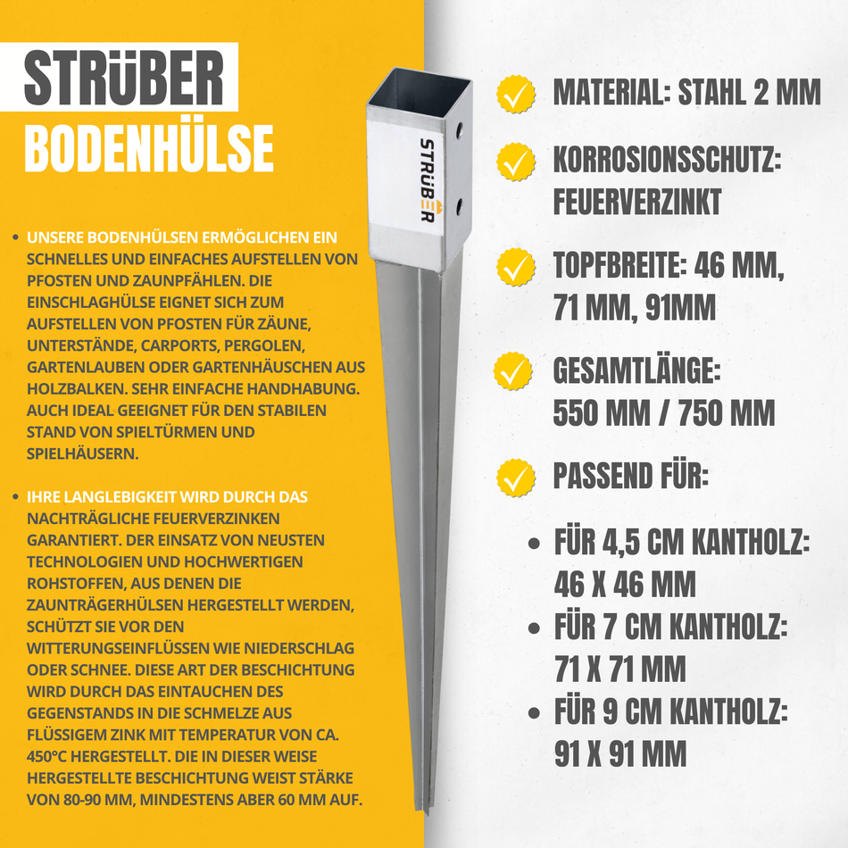 STRÜBER Einschlagbodenhülse 91 x 91 mm / Länge 750 mm - Feuerverzinkt Pfostenträger - Einschlaghülse für Vierkantholzpfosten - Stahl Bodenhülse
