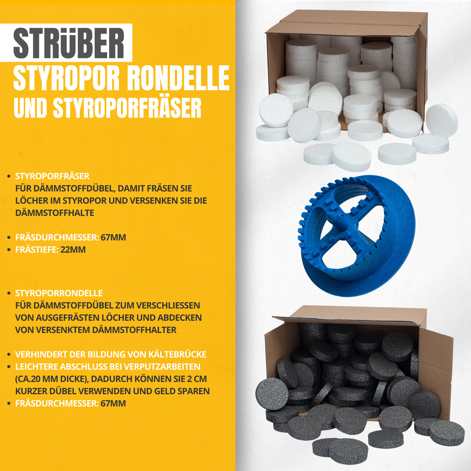 STRÜBER WDVS SET (1000 Grau Styropor Rondelle + 1 Fräser)