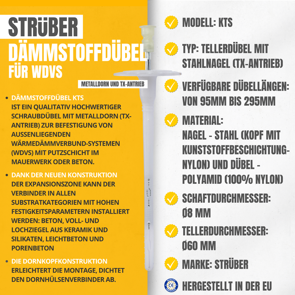 STRÜBER Dämmstoffdübel Set 8x95mm Schraubdübel mit Metalldorn 1000 Stk. + 1000 Mineralwolle Rondelle + 1 Metall Fräser / WDVS-SET