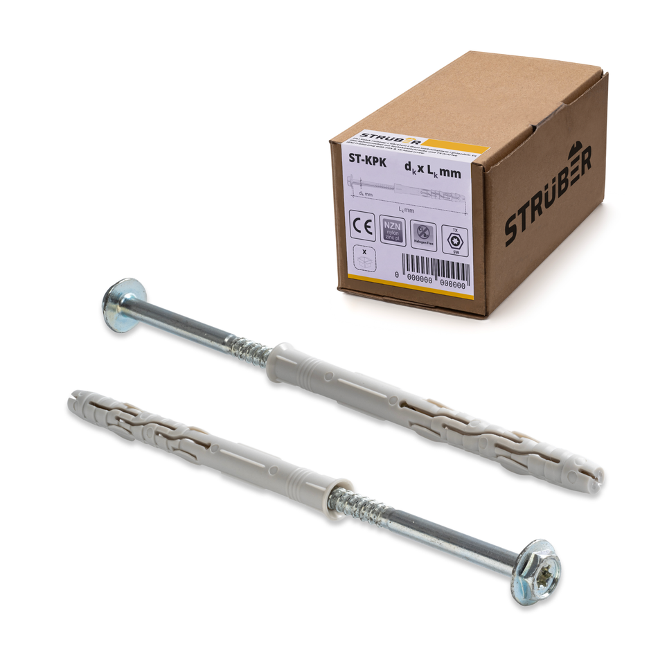 STRÜBER Rahmendübel 10x100 mm / 50 Stk. - Fensterrahmendübel mit Sechskantschraube & Scheibenkopf mit SW/TX-Buchse – Langschaftdübel