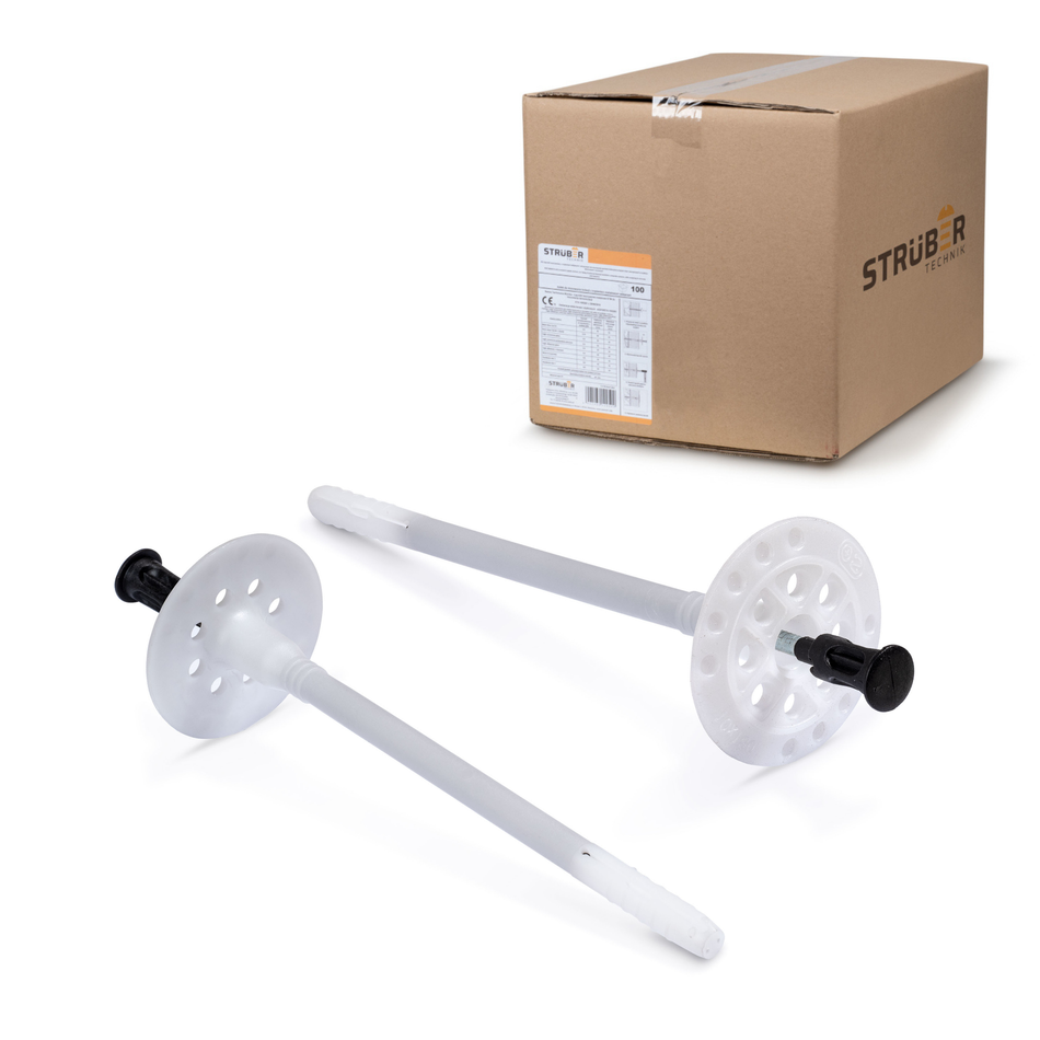STRÜBER Dämmstoffdübel 8x255mm / 100 Stk. mit Metalldorn - Tellerdübel aus Nylon mit Stahlnagel - Schlagdübel für WDVS - Thermodübel für Mineralwolle und Styropor