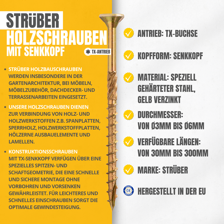 STRÜBER Holzschrauben 6,0x140 mm / 100 Stk. - Spanplattenschrauben mit Senkkopf und Torx-Antrieb - Gelb verzinkte Universalschrauben