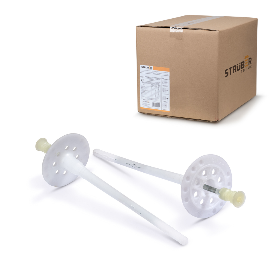 STRÜBER Dämmstoffdübel 8x255mm / 100 Stk. mit Metalldorn – Schraubdübel aus Nylon mit Stahlnagel – Tellerdübel für WDVS - Thermodübel für Mineralwolle und Styropor