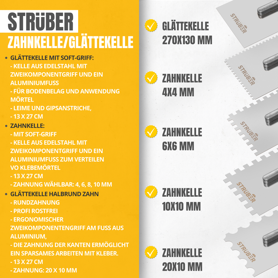 STRÜBER Glättekelle mit Edelstahlblatt und Softgriff (270 x 130 mm)
