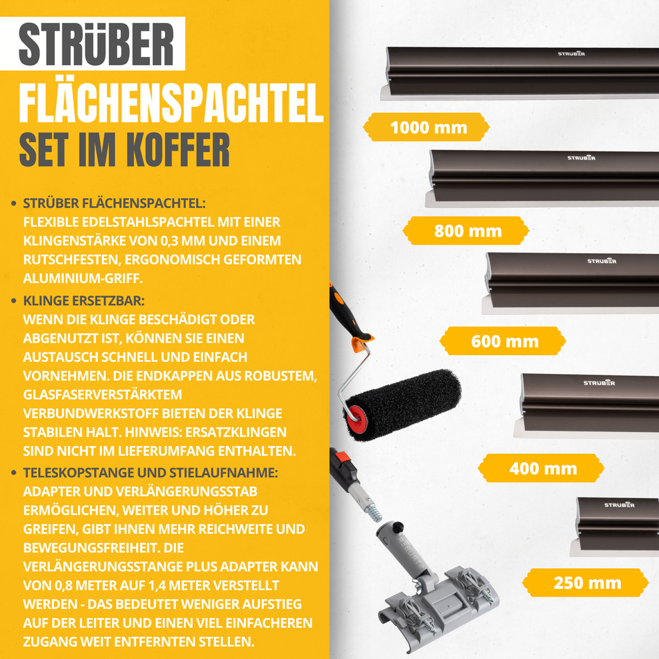 STRÜBER Flächenspachtel Set - 5 x Spachtel mit Aluminium Z-Griff (250mm, 400mm, 600mm, 800mm, 1000mm) + Teleskopstange + Adapter + Rollspachtel + Werkzeugkoffer / 9-tlg. SET
