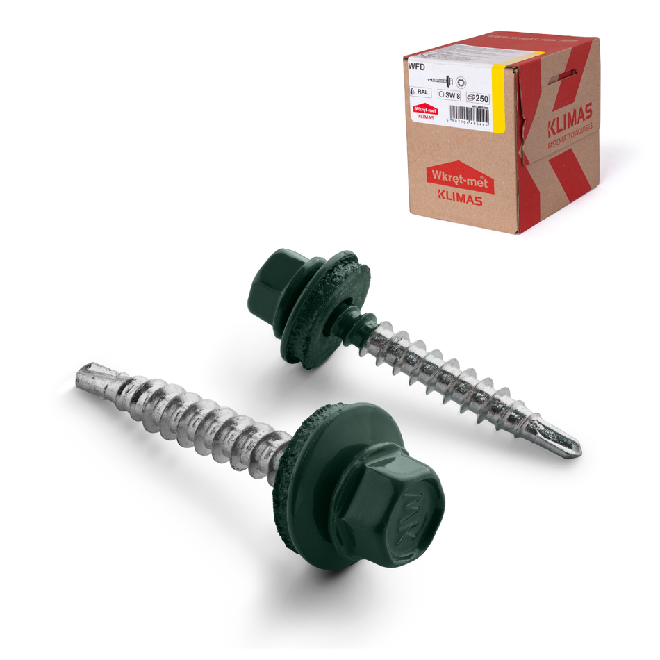 KLIMAS Trapezblechschrauben 4,8x35 mm / 250 Stk. / RAL 6005 - Moosgrün - Selbstbohrende Bohrschrauben mit Dichtscheibe