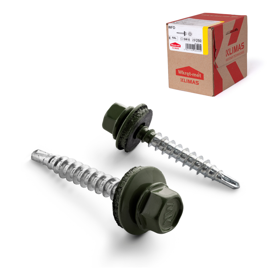 KLIMAS Trapezblechschrauben 4,8x25 mm / 250 Stk. / RAL 6020 - Chromoxidgrün - Selbstbohrende Bohrschrauben mit Dichtscheibe