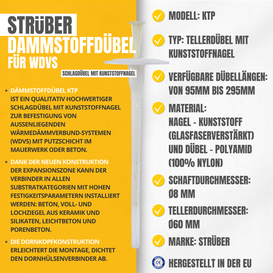 STRÜBER Dämmstoffdübel 8 x 215 mm / 100 Stk. - Tellerdübel aus Nylon mit Kunststoffnagel - Schlagdübel für WDVS - Thermodübel für Styropor EPS