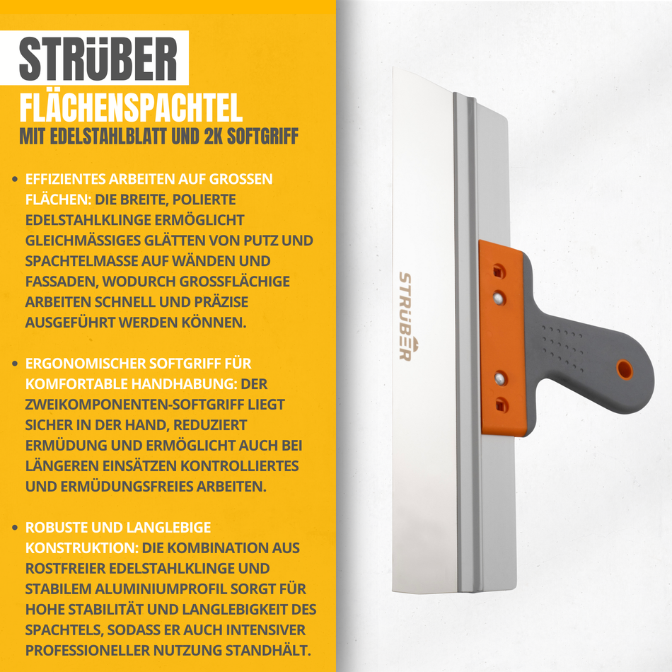 STRÜBER Flächenspachtel 150mm - Fassadenspachtel mit Edelstahlblatt und 2K Softgriff