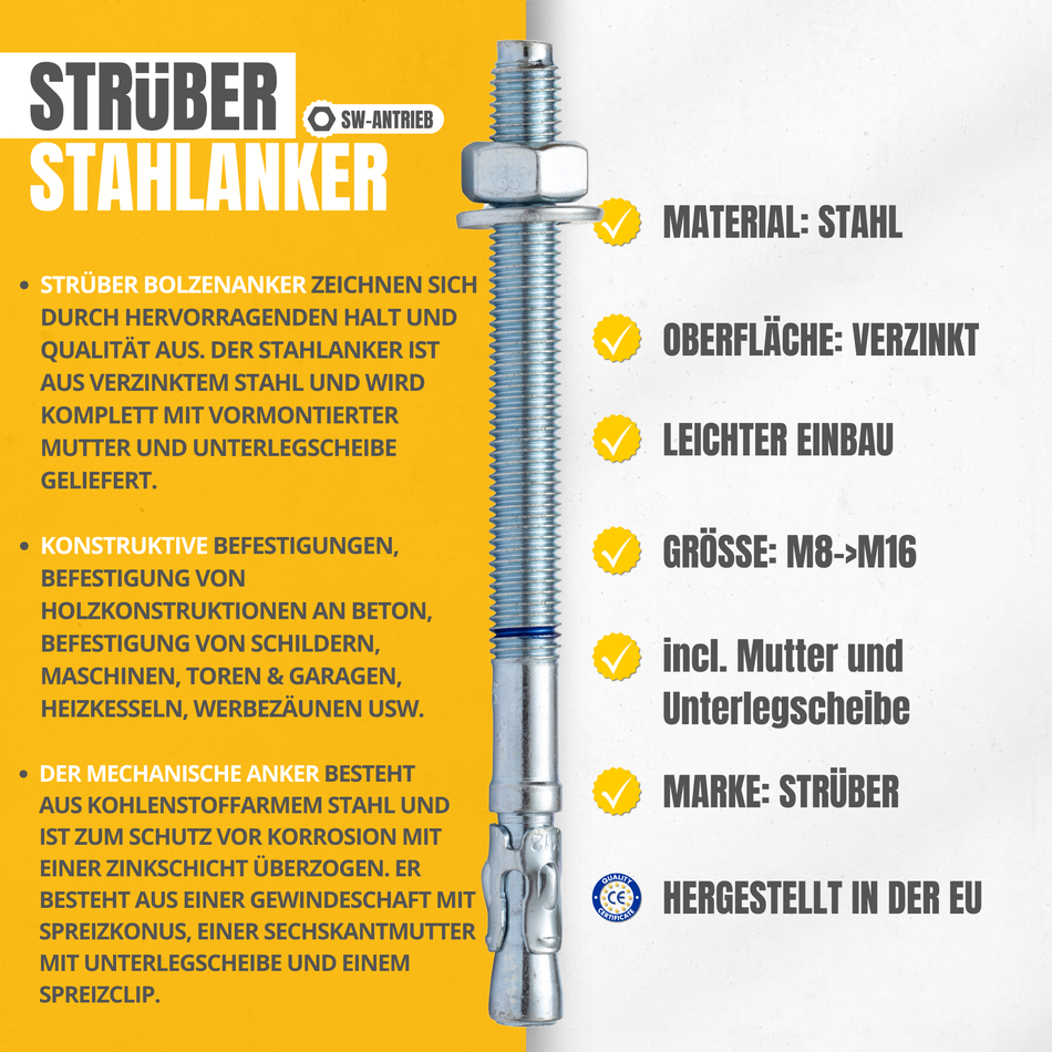 STRÜBER Schwerlastanker M8 x 75 mm / 20 Stück - Keilanker aus verzinktem Stahl - Stahlanker für Beton - Bolzenanker - Schwerlastdübel