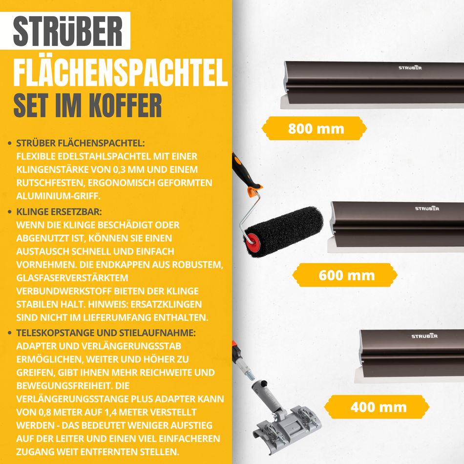 STRÜBER Flächenspachtel Set - 3 x Spachtel mit Aluminium Z-Griff (400mm, 600mm, 800mm) + Teleskopstange + Adapter + Rollspachtel + Werkzeugkoffer / 7-tlg. SET