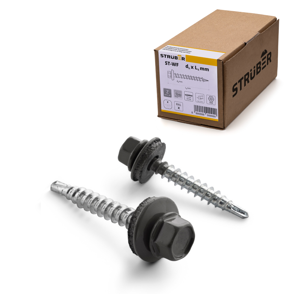 STRÜBER Trapezblechschrauben 4,8x55 mm / 250 Stk. / RAL 7024 – Graphitgrau - Selbstbohrende Bohrschrauben mit Dichtscheibe