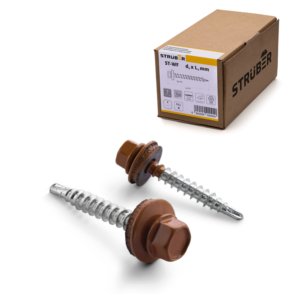 STRÜBER Trapezblechschrauben 4,8x55 mm / 250 Stk. / RAL 8004 – Kupferbraun - Selbstbohrende Bohrschrauben mit Dichtscheibe
