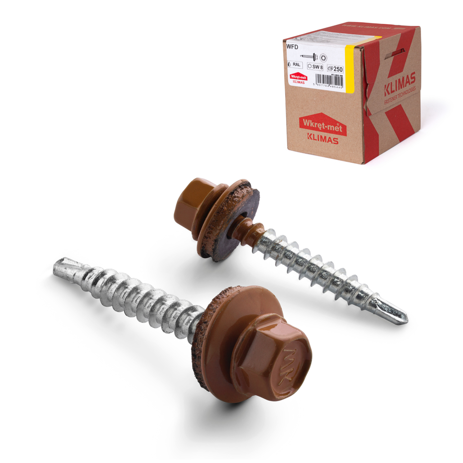 KLIMAS Trapezblechschrauben 4,8x25 mm / 250 Stk. / RAL 8004 - Kupferbraun - Selbstbohrende Bohrschrauben mit Dichtscheibe