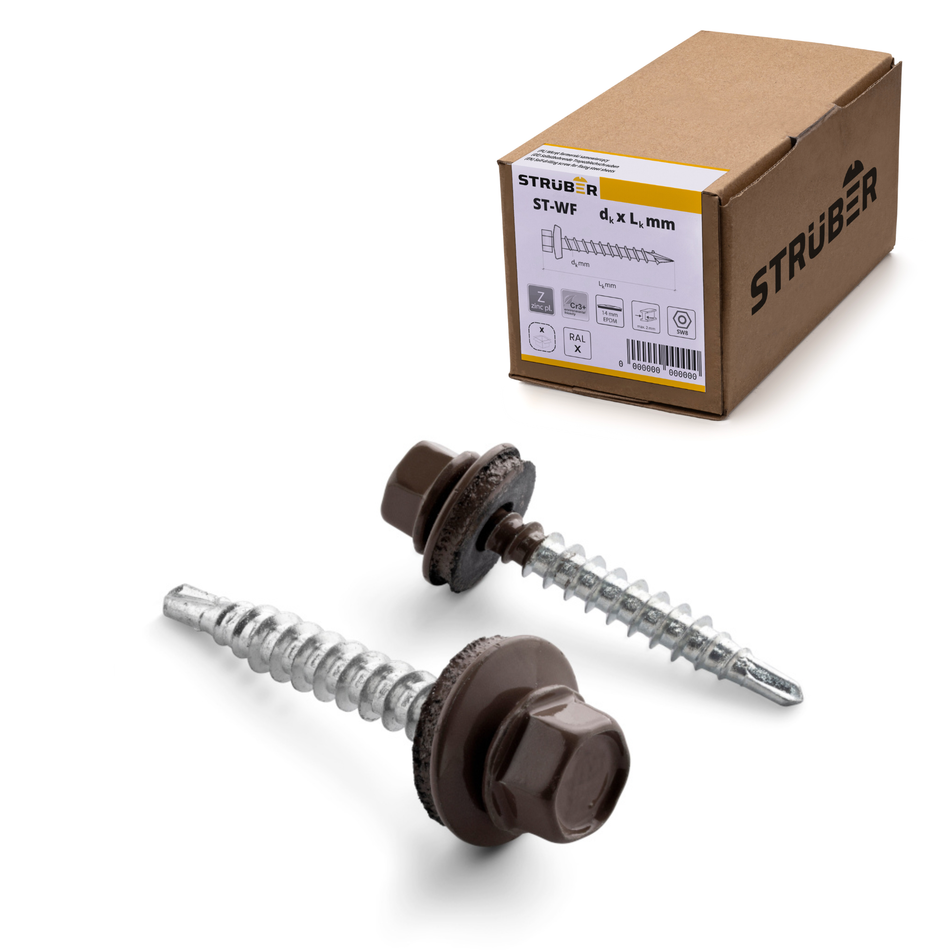 STRÜBER Trapezblechschrauben 4,8x55 mm / 250 Stk. / RAL 8017 – Schokoladenbraun - Selbstbohrende Bohrschrauben mit Dichtscheibe