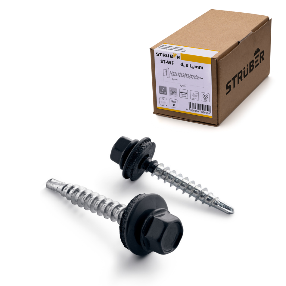 STRÜBER Trapezblechschrauben 4,8x55 mm / 250 Stk. / RAL 9005 – Schwarz - Selbstbohrende Bohrschrauben mit Dichtscheibe