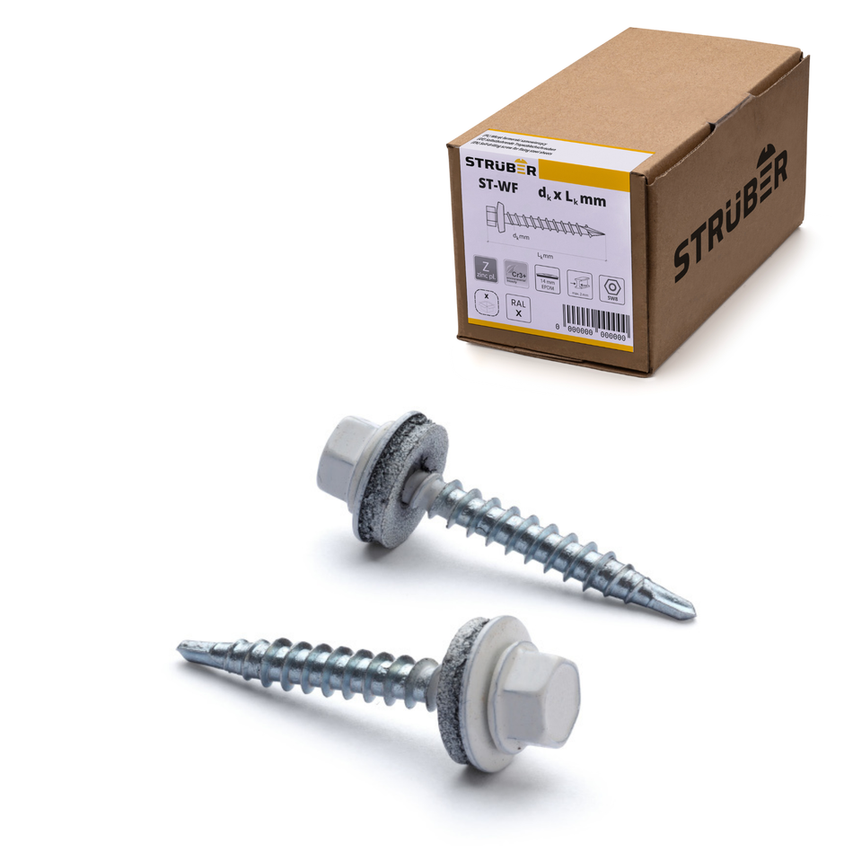 STRÜBER Trapezblechschrauben 4,8x55 mm / 250 Stk. / RAL 9010 – Reinweiß - Selbstbohrende Bohrschrauben mit Dichtscheibe