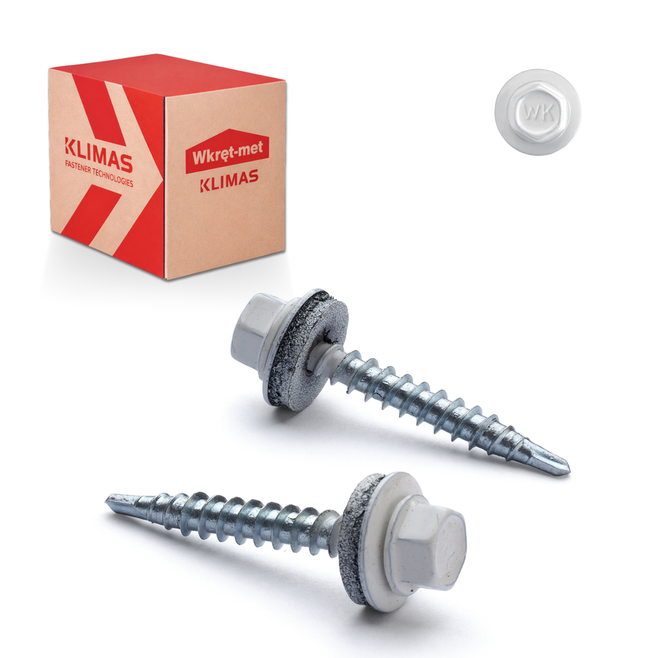 KLIMAS Trapezblechschrauben 4,8x55 mm / 200 Stk. / RAL 9010 - Reinweiß - Selbstbohrende Bohrschrauben mit Dichtscheibe