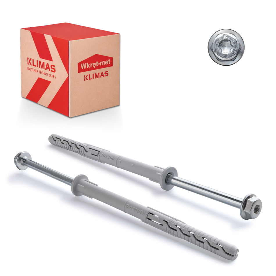 KLIMAS Rahmendübel 8x80 mm / 50 Stk. - Fensterrahmendübel mit Sechskantschraube & Scheibenkopf mit SW/TX-Buchse