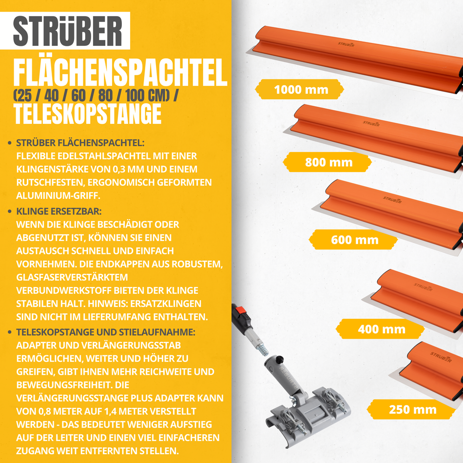 STRÜBER Flächenspachtel 250 mm mit handlichem Alu-Griff und austauschbarem Edelstahlblatt 0,3 mm - Dekorspachtel für Trockenbau – Fassadenspachtel