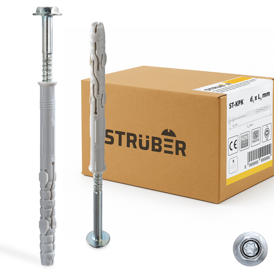 STRÜBER Rahmendübel 8x80 mm / 100 Stk. - Fensterrahmendübel mit Sechskantschraube & Scheibenkopf mit SW/TX-Buchse – Langschaftdübel