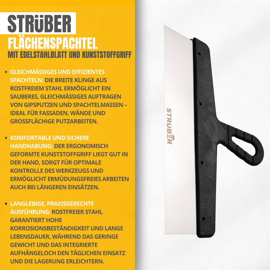 STRÜBER Flächenspachtel 150mm - Fassadenspachtel mit Edelstahlblatt und Kunststoffgriff