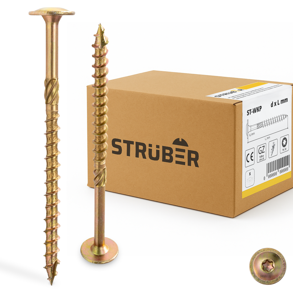 STRÜBER Tellerkopfschrauben 6x40 mm / 100 Stk. - Holzschrauben mit Torx-Antrieb - Gelb verzinkte Konstruktionsschrauben