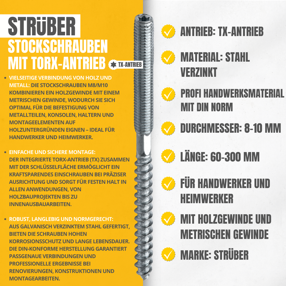 STRÜBER Stockschrauben 8x200 mm / 100 Stk. - verzinkt Doppelgewindeschrauben mit Torx-Antrieb