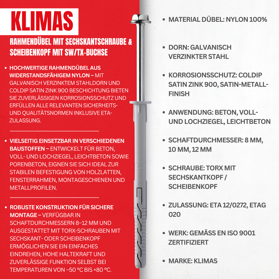 KLIMAS Rahmendübel 8x80 mm / 50 Stk. - Fensterrahmendübel mit Sechskantschraube & Scheibenkopf mit SW/TX-Buchse